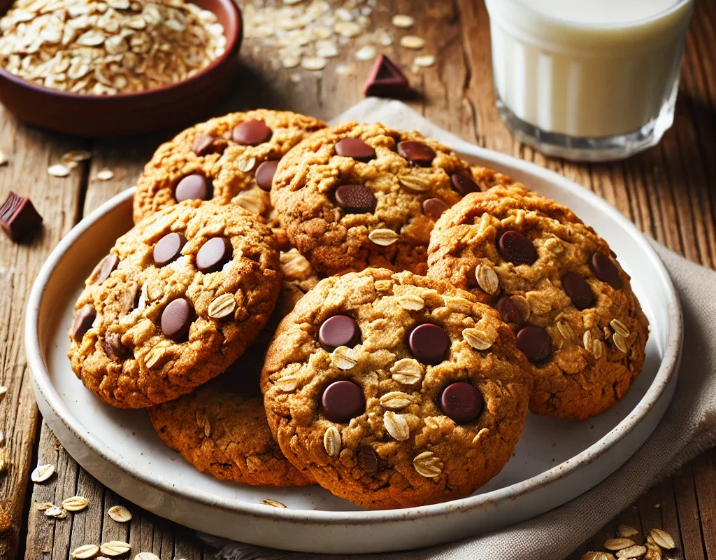 A plate of golden-brown oatmeal chocolate chip cookies with visible oats and chocolate chips, placed on a rustic wooden table beside a glass of milk.