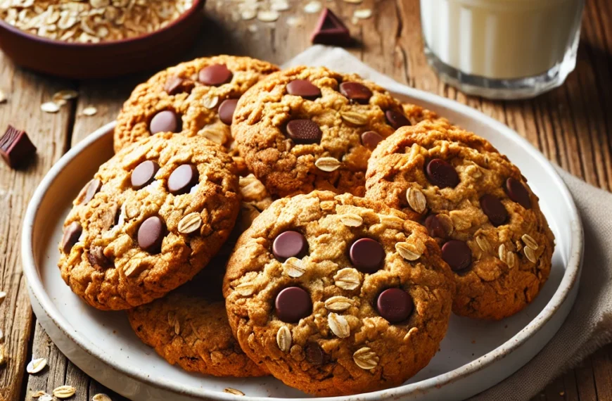 A plate of golden-brown oatmeal chocolate chip cookies with visible oats and chocolate chips, placed on a rustic wooden table beside a glass of milk.