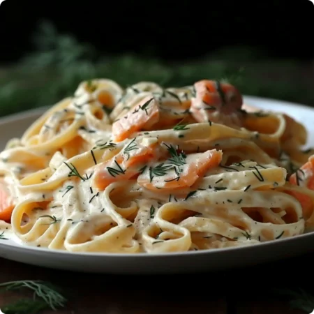 creamy fettuccine pasta with flaked salmon