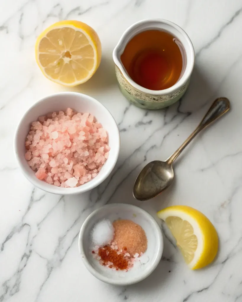 Ingredients for Pink Salt Trick Recipe including Himalayan pink salt, honey, lemon, and spices.