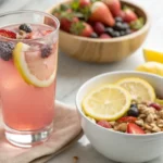 Pink Salt Trick Recipe for Weight Loss with lemonade, berries, and granola bowl for a healthy breakfast.