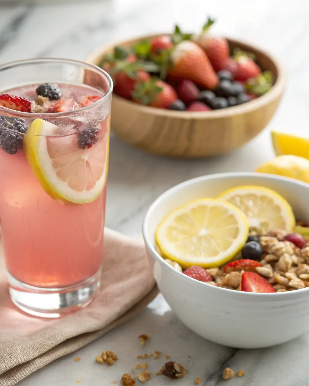 Pink Salt Trick Recipe for Weight Loss with lemonade, berries, and granola bowl for a healthy breakfast.