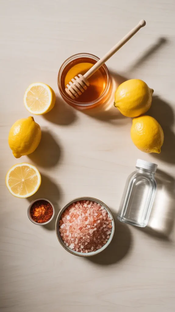  Pink salt recipe ingredients including Himalayan salt, fresh lemons, honey, and cayenne pepper arranged on wooden surface