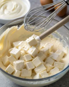 Cubed cream cheese added to a bowl of sauce mixture for an easy Alfredo sauce recipe.