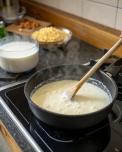 Alfredo sauce simmering in a pan with milk and cheese for an easy homemade recipe.