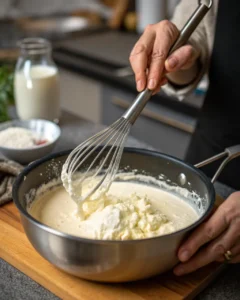 Whisking cream cheese and milk into an easy Alfredo sauce recipe.