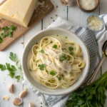 Bowl of pasta with creamy Alfredo sauce recipe easy, garnished with parsley.
