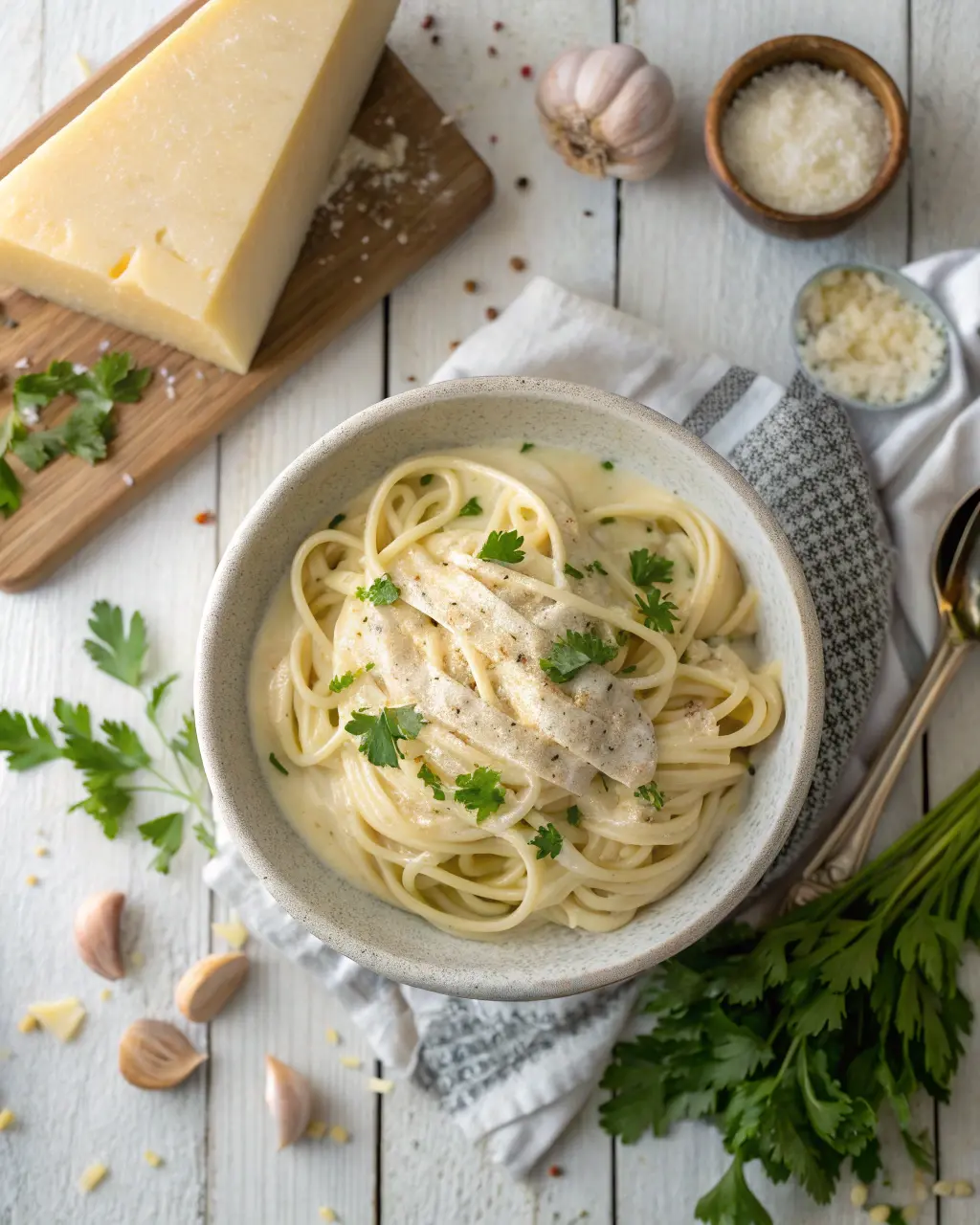Bowl of pasta with creamy Alfredo sauce recipe easy, garnished with parsley.
