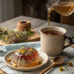 Herbal tea with floral gelatin dessert from the Gelatin Trick Recipe.