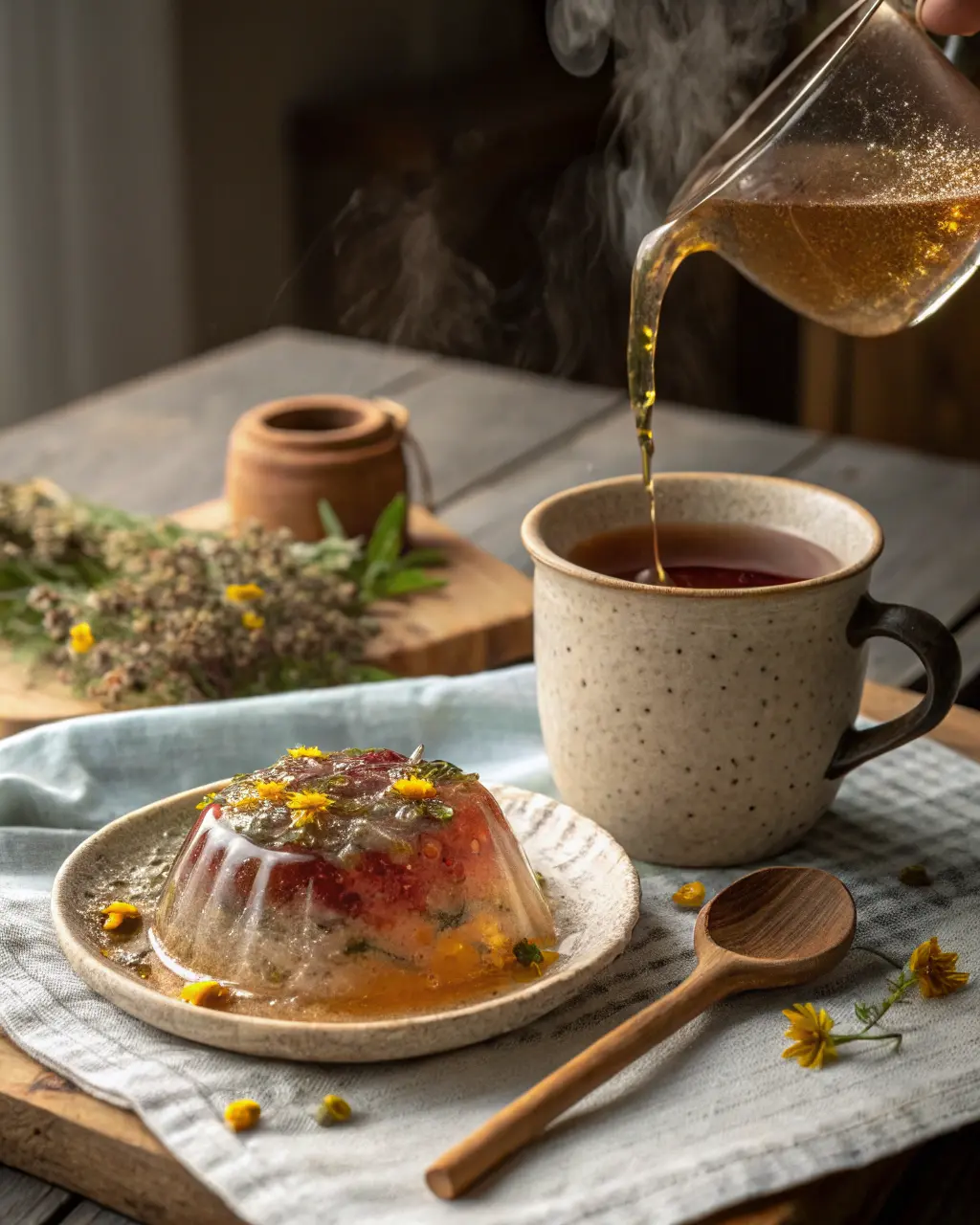 Herbal tea with floral gelatin dessert from the Gelatin Trick Recipe.