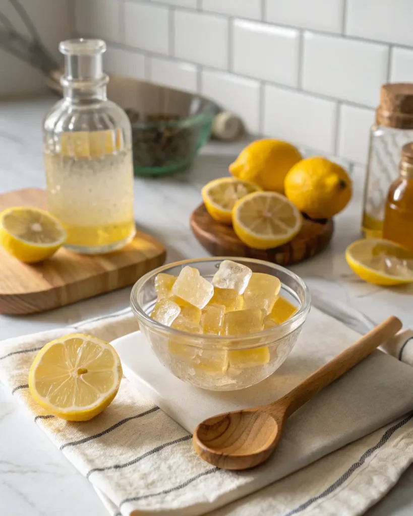 Homemade lemon honey gelatin cubes from the Gelatin Trick Recipe.