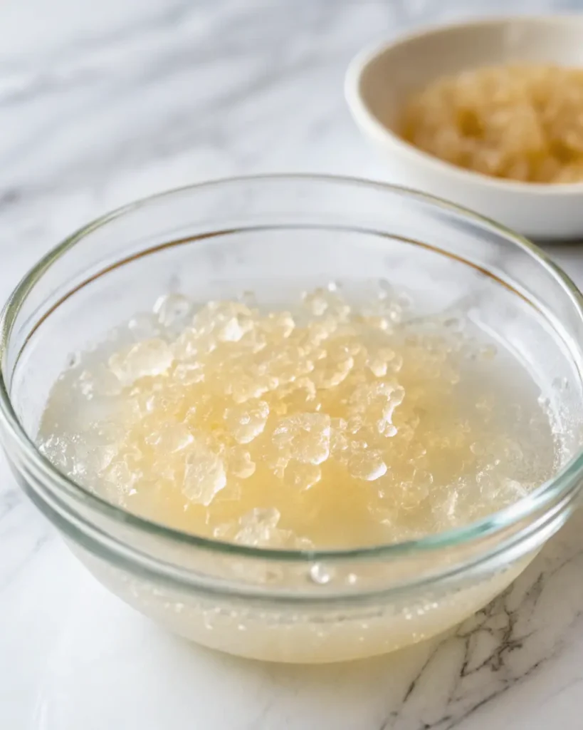 Bloomed gelatin in cold water prepared for the Gelatin Trick Recipe.