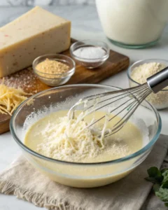 Parmesan cheese being whisked into a creamy sauce mixture for an easy Alfredo sauce recipe.