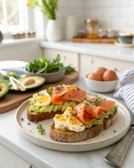 Healthy breakfast plate with smoked salmon avocado toast, topped with eggs and fresh herbs.