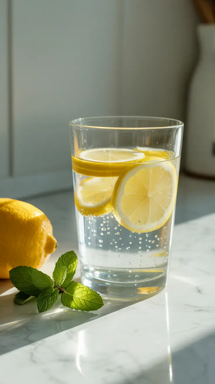 Refreshing glass of lemon water recipe weight loss with fresh lemon slices and ice